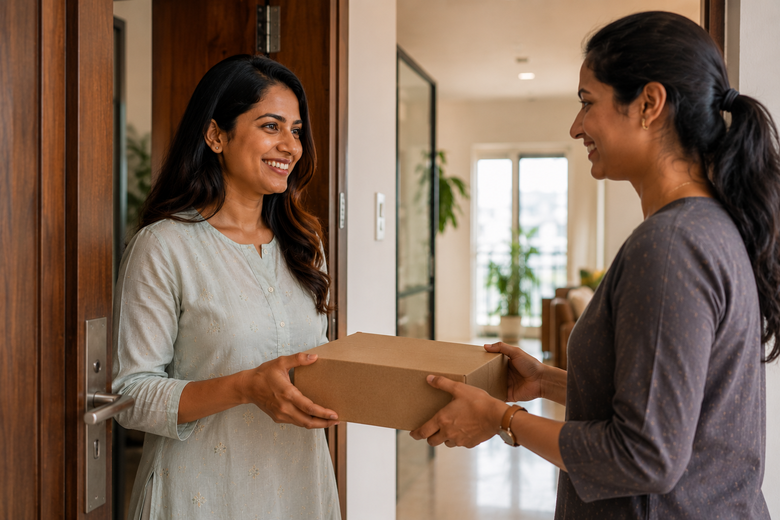 A Style@Home assistant arriving for an assisted babywear home trial at a Hyderabad apartment