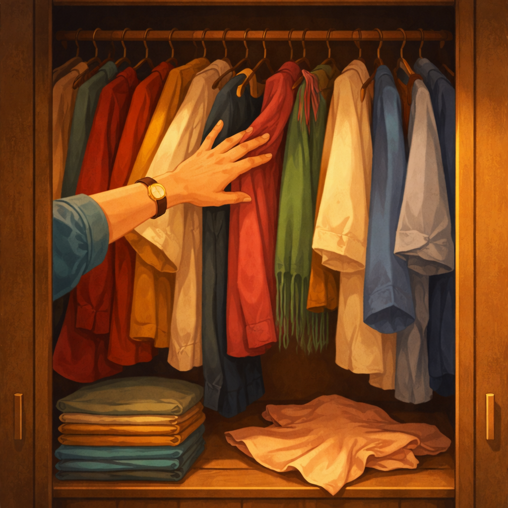 A full wardrobe with a hand searching through clothes