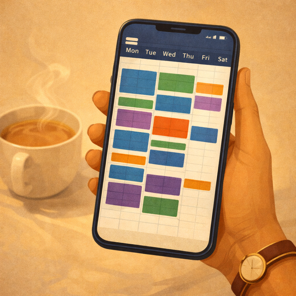 A packed weekly calendar on a phone with a chai going cold