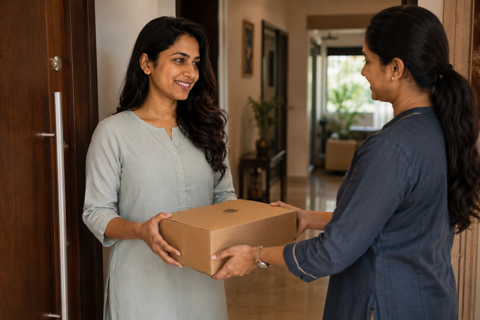A trained Style@Home assistant arriving with shortlisted outfits at a Hyderabad apartment door