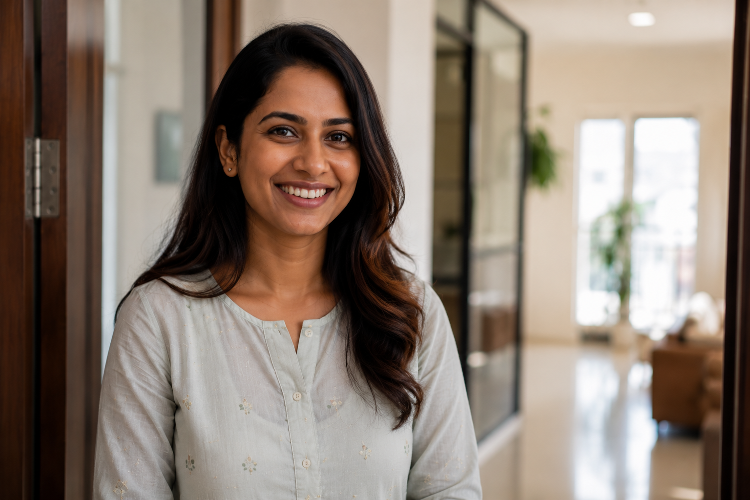 Priya — a working mother in Hyderabad looking directly at you with warm confidence