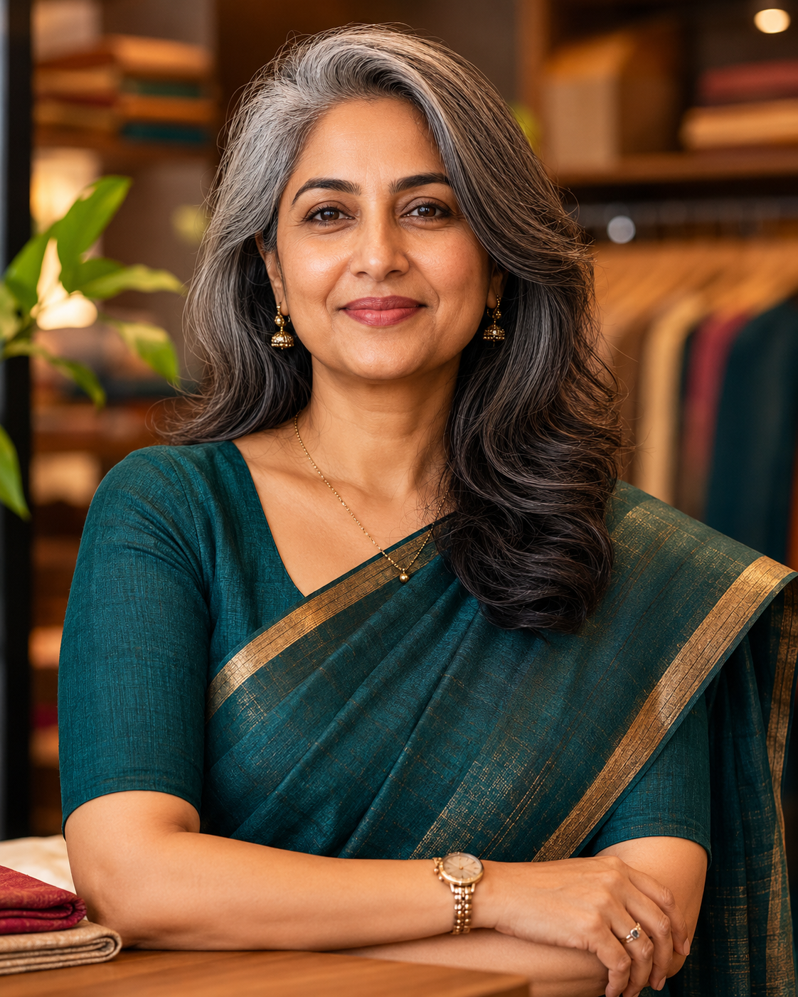 A Hyderabad boutique owner with silver-streaked hair looking directly at you with quiet confidence