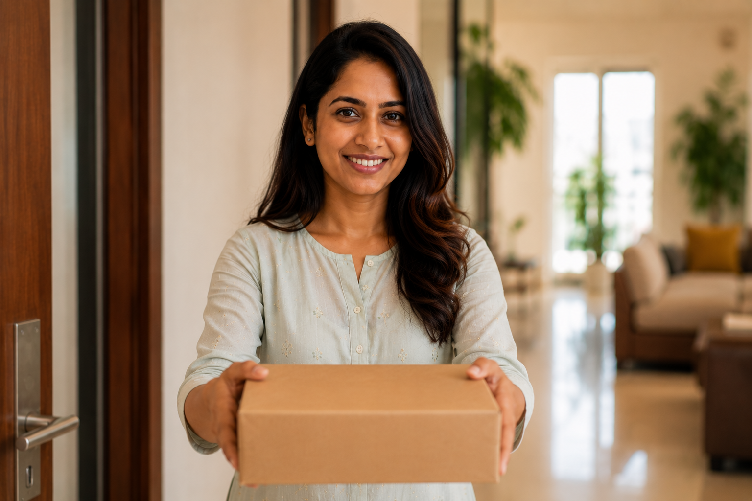 Priya holding selected Style@Home outfits with a warm inviting smile